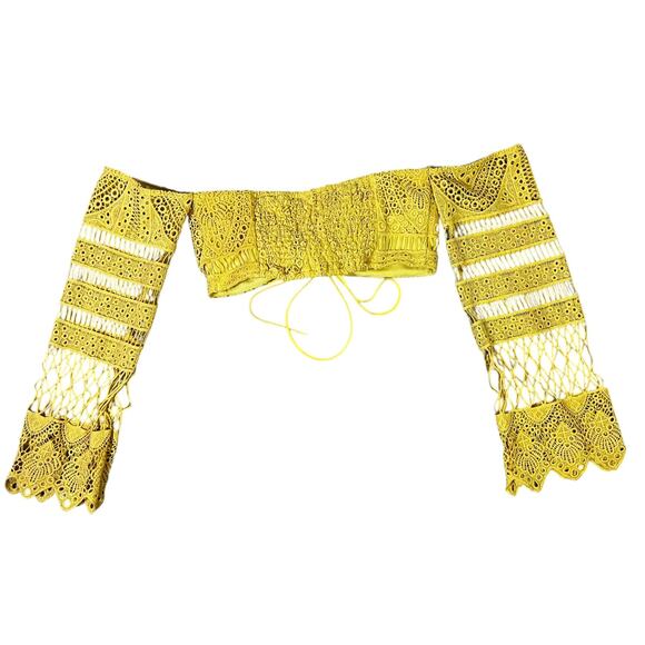 The Clothing Company Crop Top Womens L Mustard Yellow Eyelet Lace Hippie Boho - Picture 4 of 6